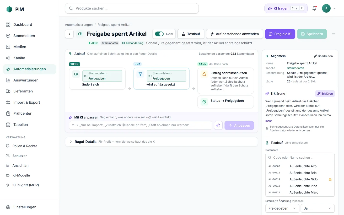 apvros PIM: Detailseite einer Automation mit Ablauf, Erklärung, Testlauf und „Auf bestehende anwenden“.