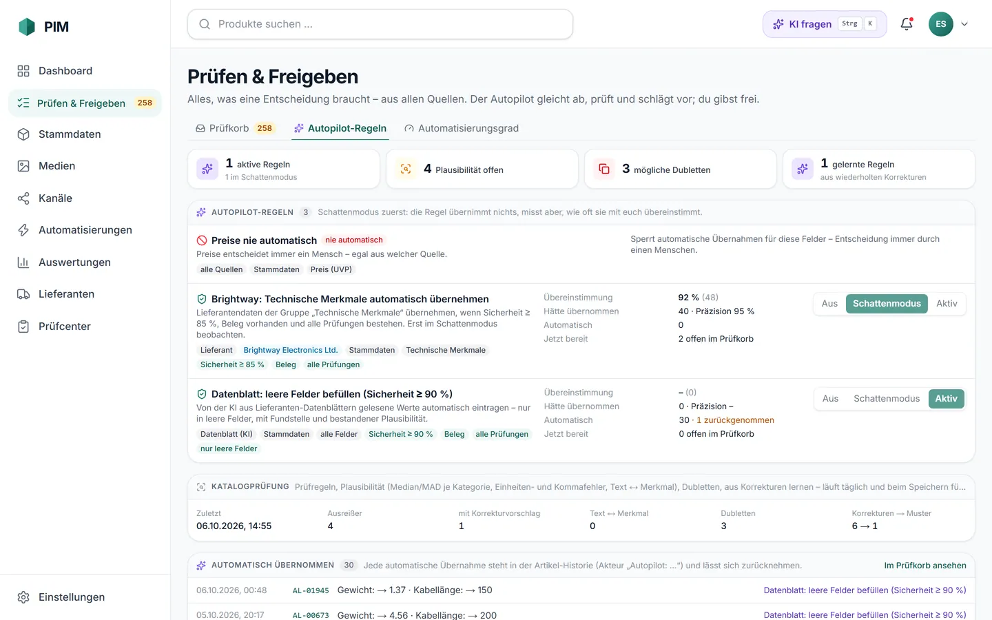 apvros PIM Autopilot-Regeln: „Preise nie automatisch“, Regel im Schattenmodus mit 92 % Übereinstimmung aus 48 Entscheidungen, Plausibilitätsprüfung, Dubletten und gelernte Regeln.