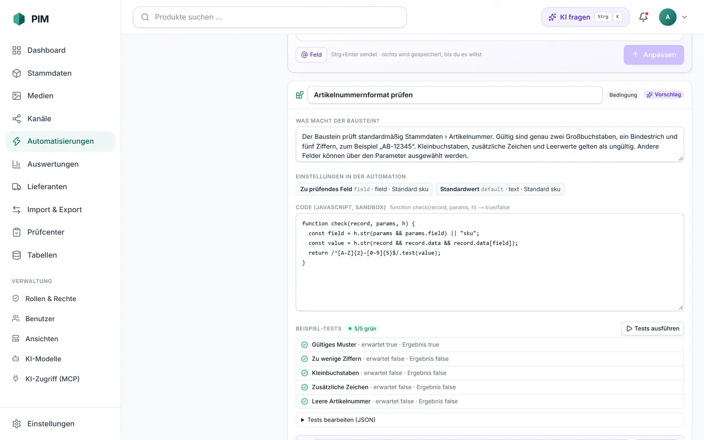 apvros PIM: Eigene Bausteine – die KI hat eine Prüfung programmiert, mit Parametern, Erklärung und grünen Tests.