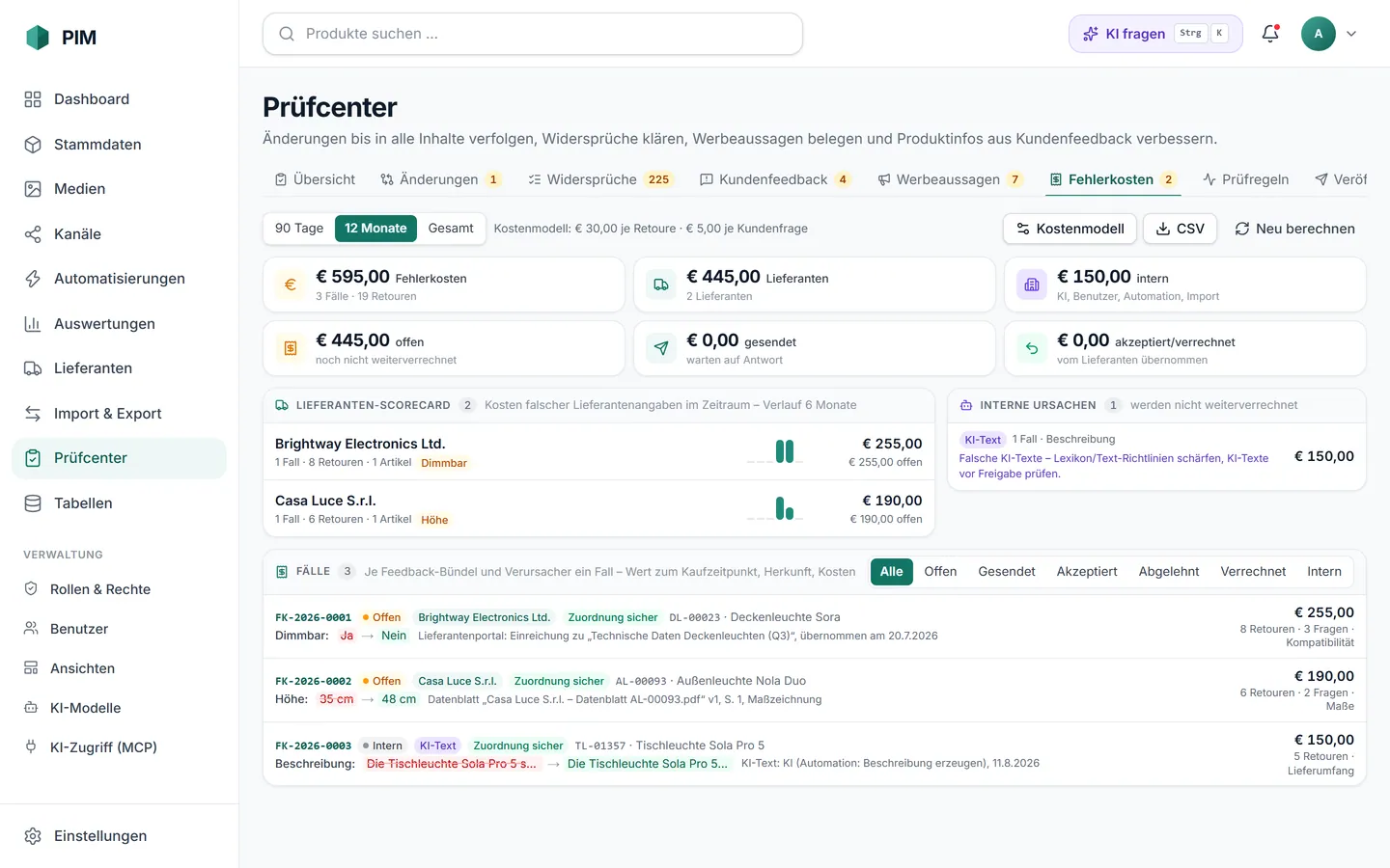 apvros PIM Prüfcenter › Fehlerkosten: Fehlerkosten gesamt, je Lieferant und intern, Lieferanten-Scorecard und Liste der Fälle.