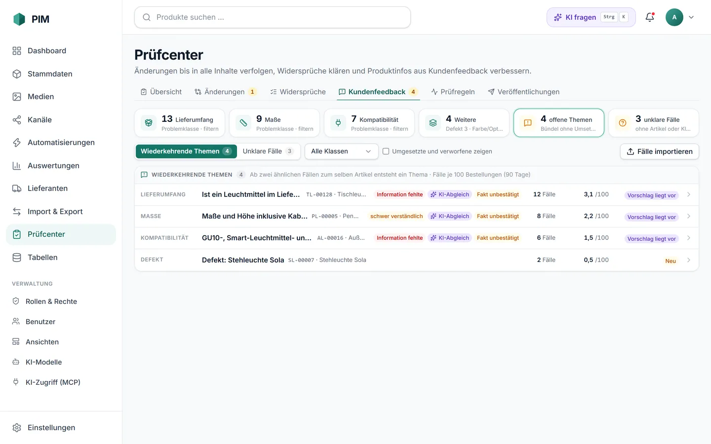 apvros PIM Prüfcenter › Kundenfeedback: wiederkehrende Themen wie Lieferumfang, Maße und Kompatibilität mit Fällen je 100 Bestellungen.