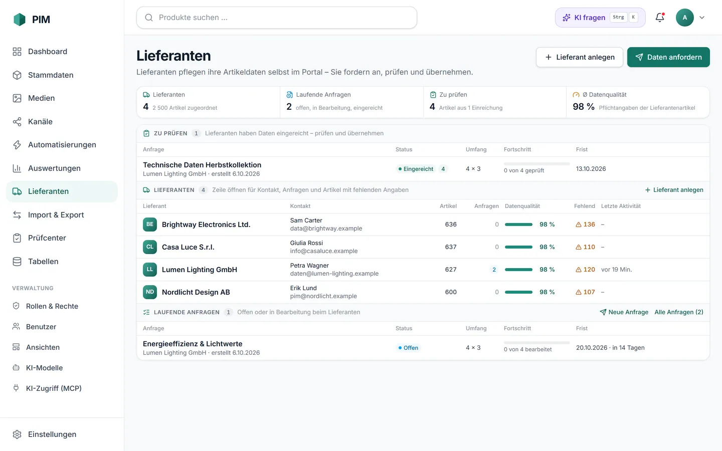 apvros PIM: Lieferantenübersicht mit Artikelanzahl, Datenqualität und offenen Anfragen.