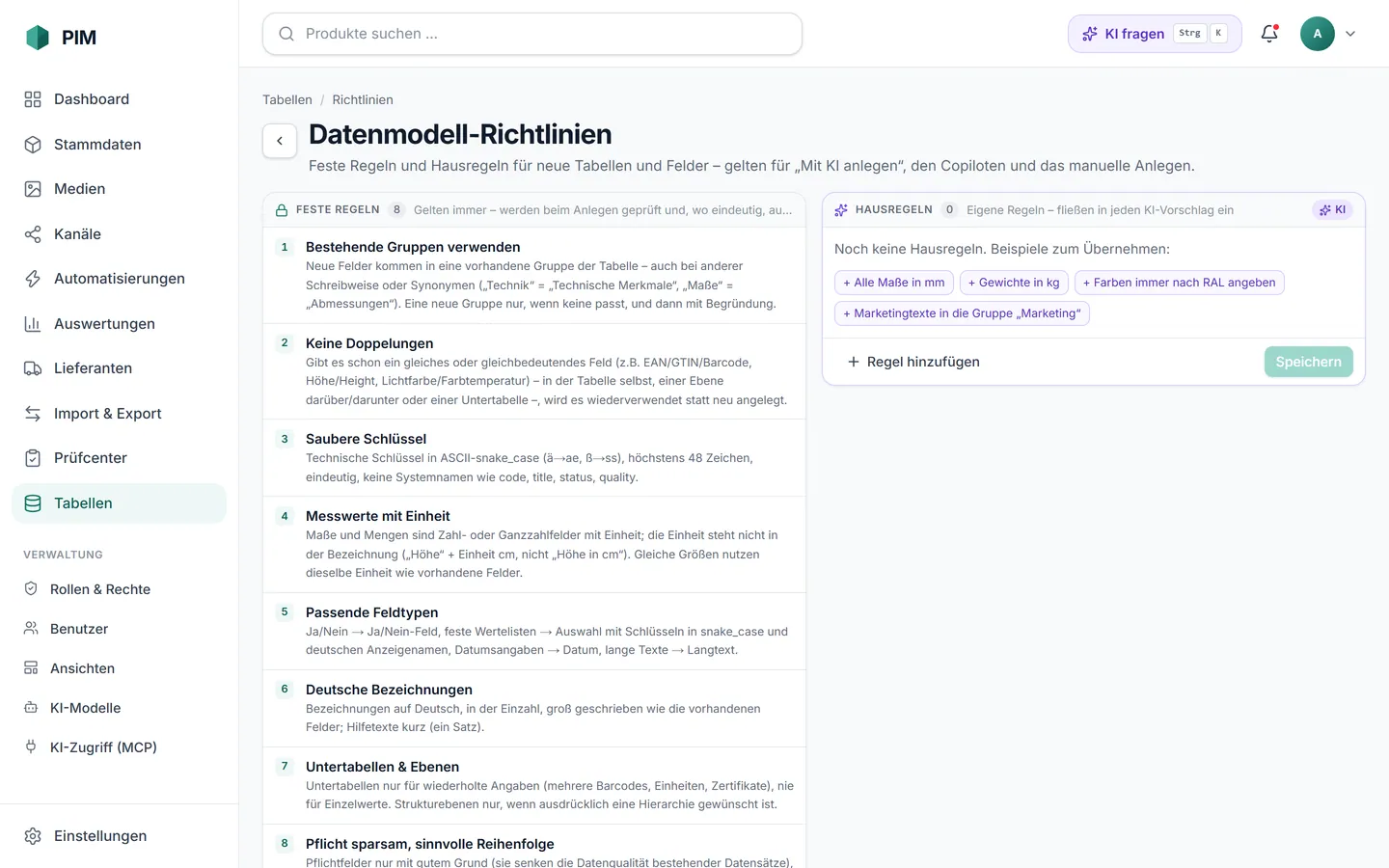 apvros PIM: Seite Datenmodell-Richtlinien mit acht festen Regeln und eigenen Hausregeln.