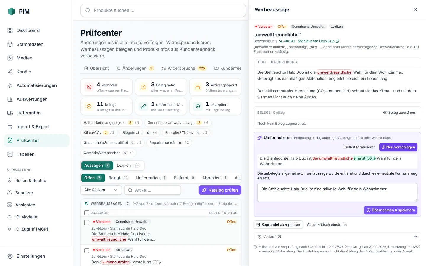 apvros PIM Prüfcenter › Werbeaussagen: Aussage „umweltfreundliche“ bei einer Stehleuchte, eingestuft als verboten, kein Beleg zugeordnet, KI-Umformulierung als Vorher/Nachher.